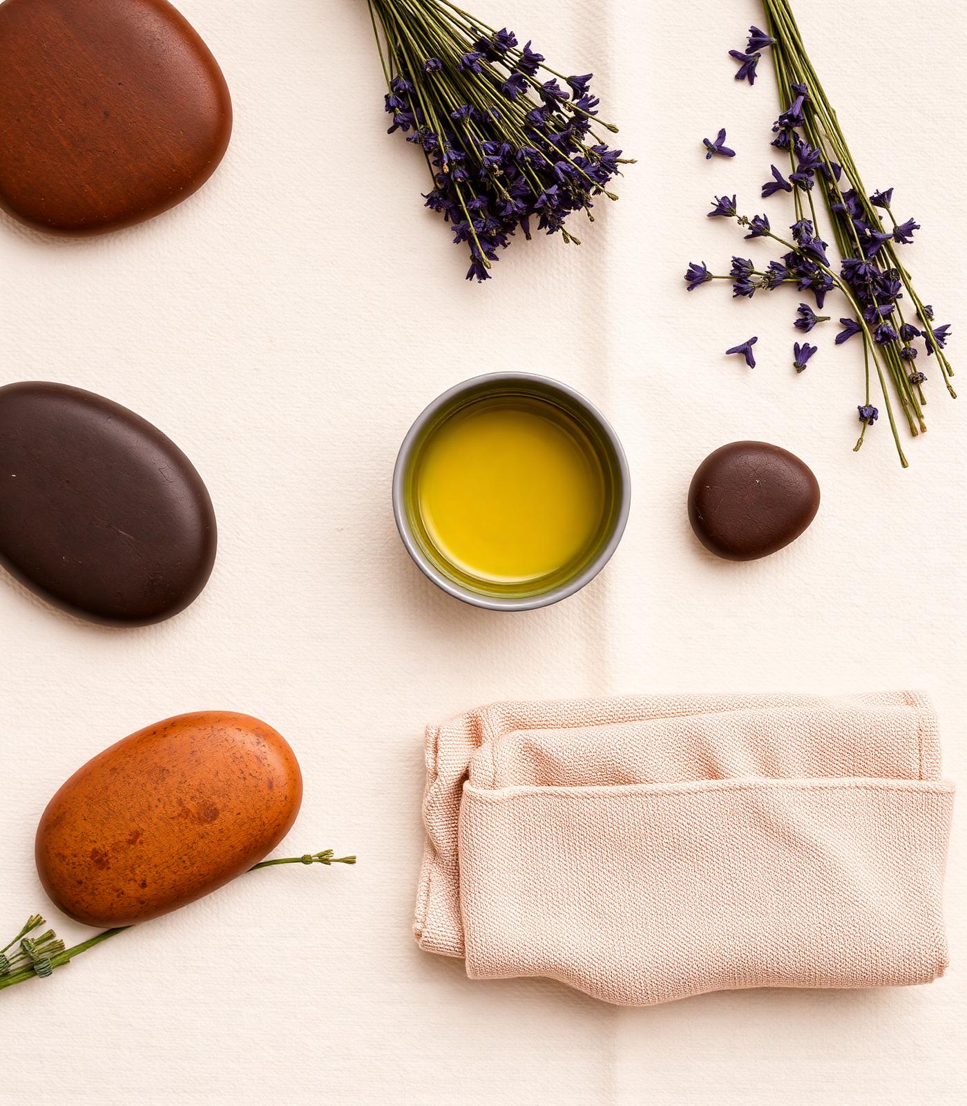 Massage stones, dried lavender and warm towel